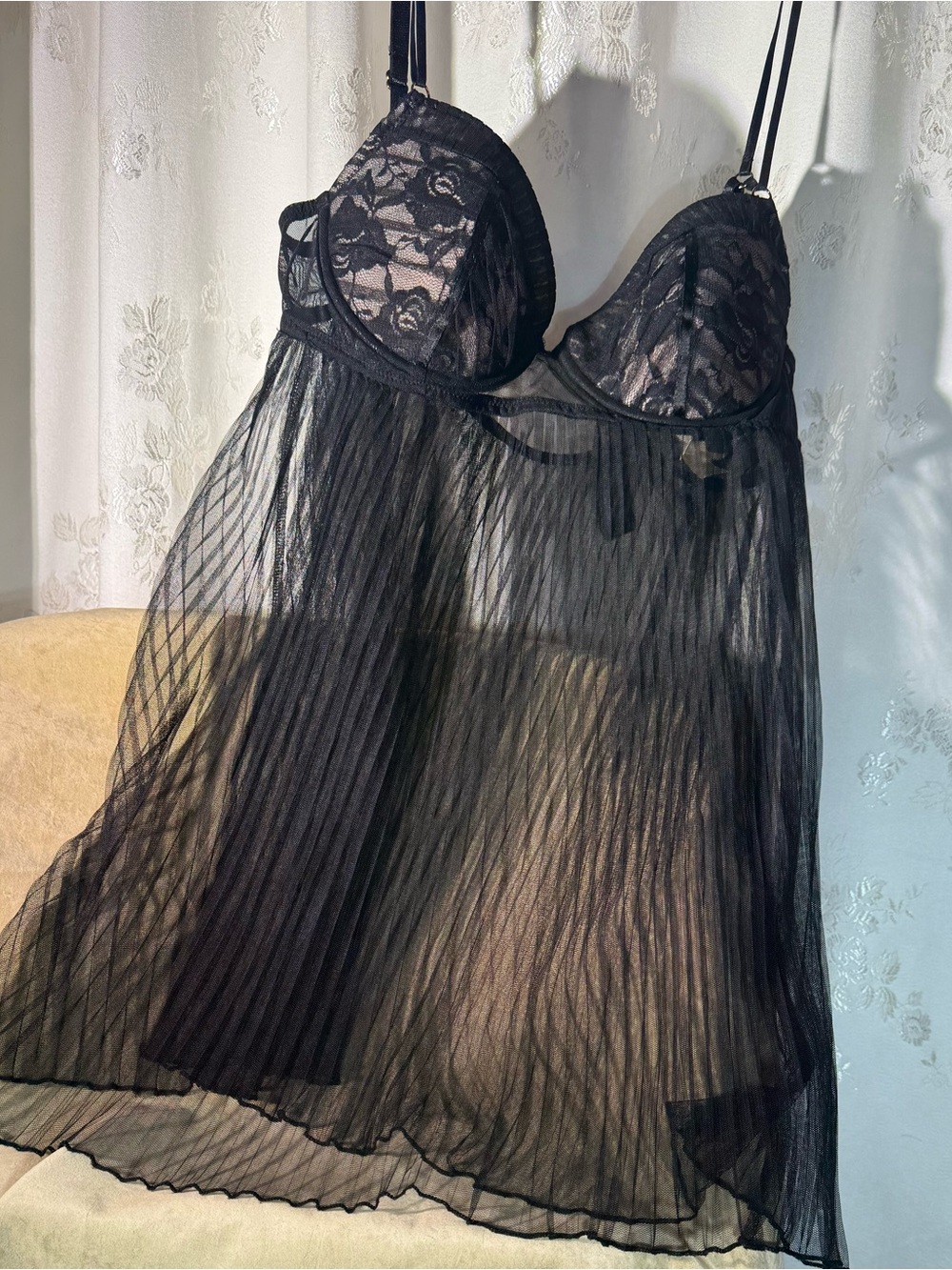 Sheer Black Lace Babydoll Nightdress - Women's Intimates